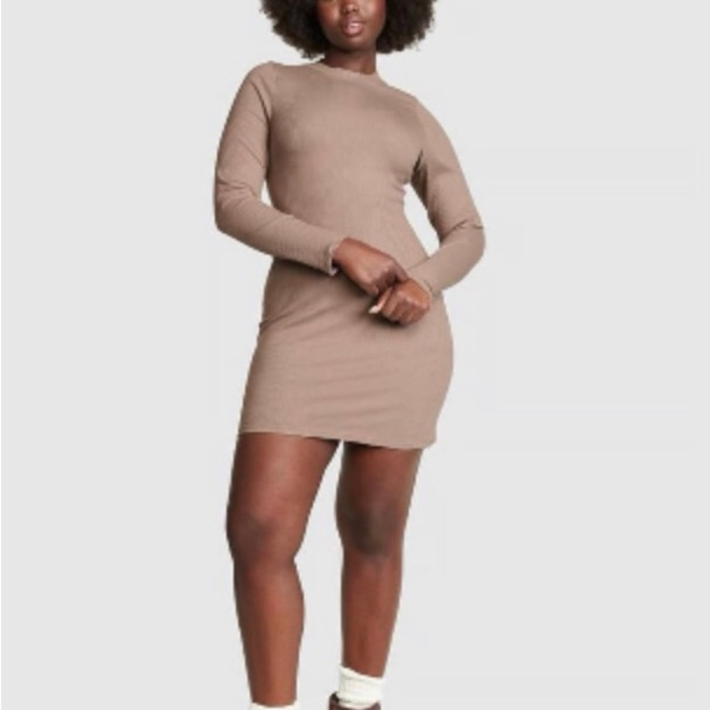 PINK Victoria's Secret Ribbed Long-Sleeve Bodycon Dress - Taupe